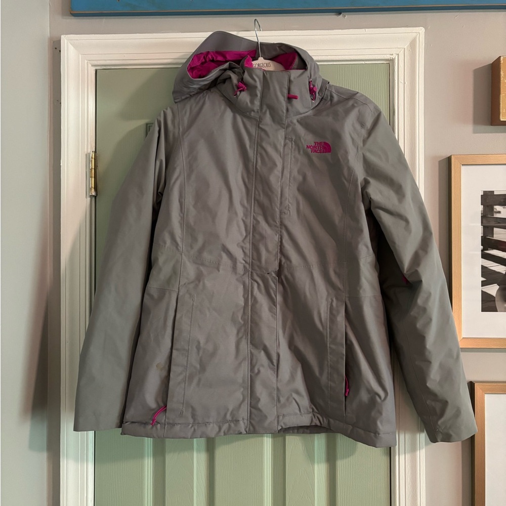 NorthFace Gray Hooded Jacket with Pink Accents